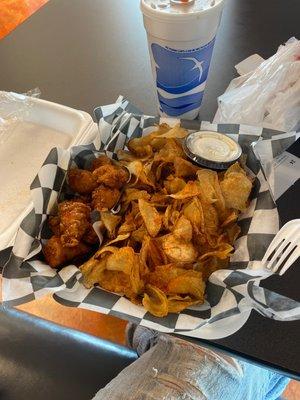 Chicken Nuggets, Cajun potato chips, ranch, and a drink for under $9