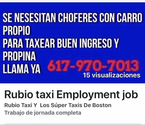 Rubio Taxi Boston ofrece empleo