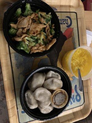 Chicken with broccoli, steamed dumplings, and 24. Egg Drop Soup