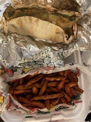 Zucch pita with sweet potato fries takeaway