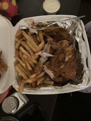 Chicken dinner with fries