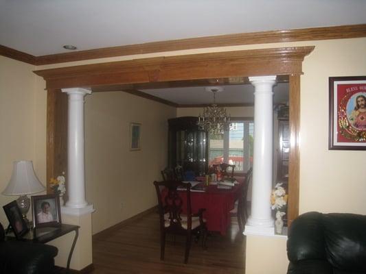 New wall opening, with knee walls and columns. Oak trim.