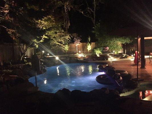 Backyard landscape lighting. We also installed the Jandy LED color changing pool lights for this customer!!