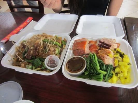 Beef chow fun (left) and roast duck and pig with rice and veggies (right).