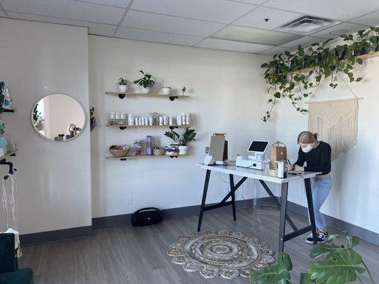 A beautiful simplistic lobby greets you when you walk in.