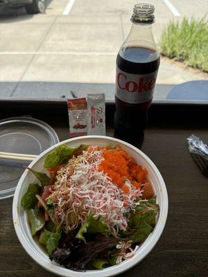 Large bowl with white rice, and three protein items.