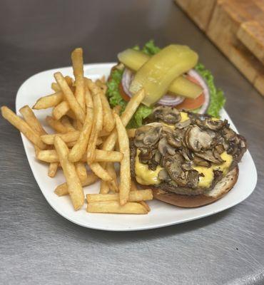 #6 Mushroom Burger with fries.