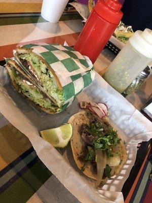 Barbacoa torta and lengua Taco