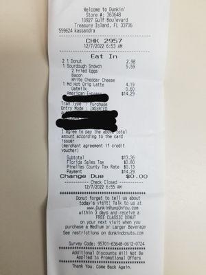 Receipt for 2 donuts, an egg and cheese sourdough sandwich, and a medium "oat milk latte"