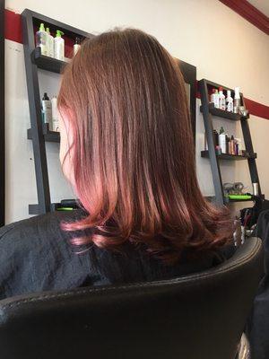 Adorable rose gold-pink hair done by Lindsay.