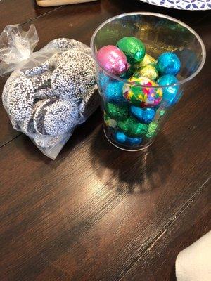 Dark Chocolate Nonpareils and Foil Wrapped  Milk Chocolate Eggs