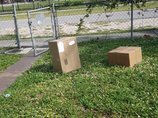 Packages left on lawn, box face down in dirt, gate left open