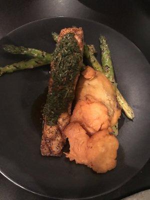 Salmon, Maple glazed Sweet Potatoes and Grilled Asparagus.