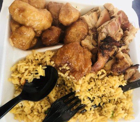 3 meat combo Orange chicken(best I've ever had), fried rice, bourbon chicken, & beef and broccoli in separate container