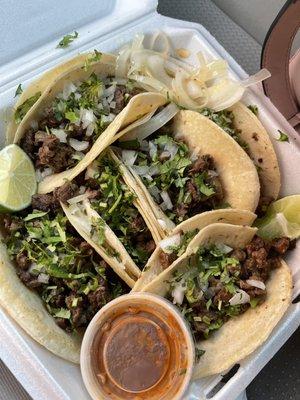 Six carne asada tacos. So good I ate one before I left the parking lot.