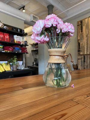 Fresh flowers all around the coffee shop