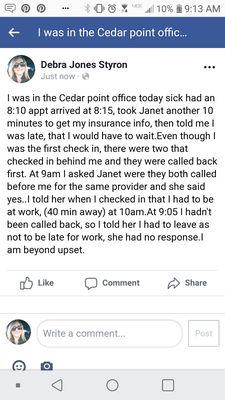 This is my review of what I experienced today at Cedar Point Family Practice on 1/16/19.