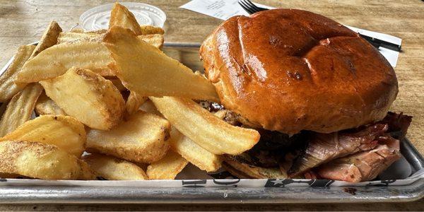 Chopped Texas Beef Brisket Sandwich with fries