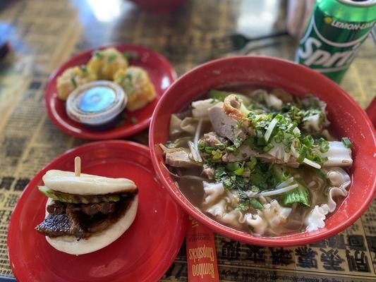 Shrimp Shumai (top left), Pork Belly Gua Boa (bottom left), Roasted Duck Wonton Noodle Soup.