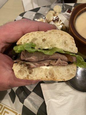 El Toro 1/2 sandwich. Roast beef, horseradish sauce, lettuce and red onion marmalade on ciabatta. Very good.