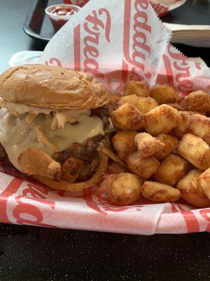 French onion burger with cheese curds