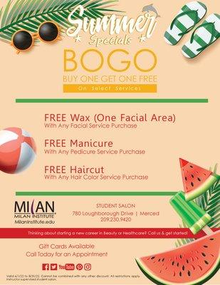 Cool off with these Summer Specials! Visit our Student Salon, valid 6/1/22 - 8/31/22. 

#MilanInstitute