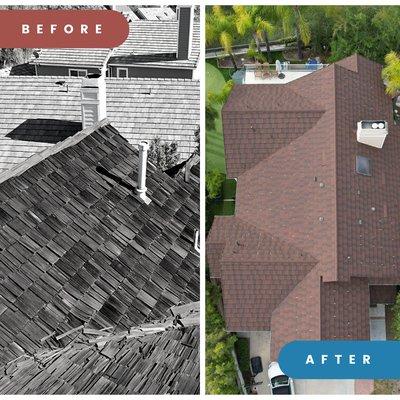 Before and after transformation! Say goodbye to an old, worn out roof and hello to a sleek and durable stone coated steel roof.