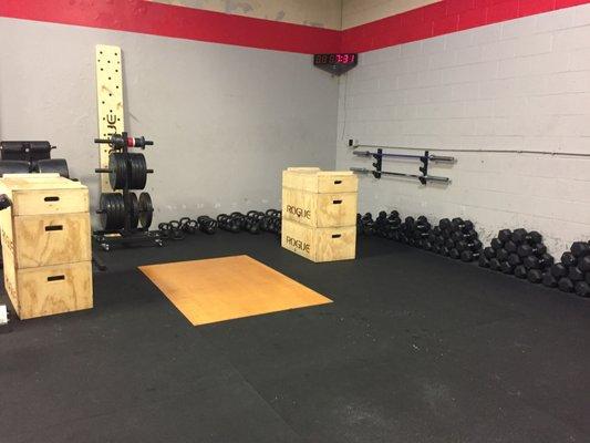 Blocks for Olympic Lifting, Kettle bells and Dumbbells. And a peg board we just got!