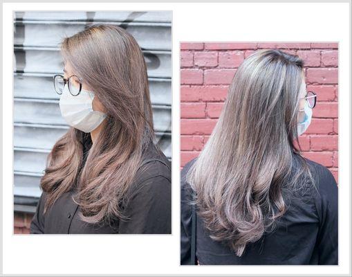 Beige ashy Balayage hair color and long layers haircut @StylistZhen