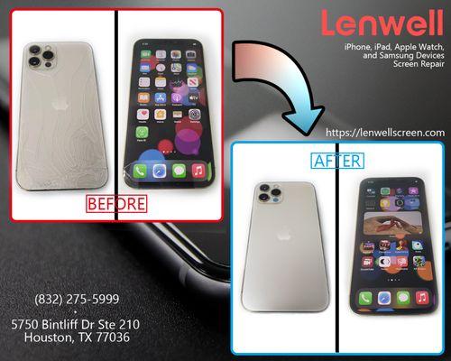 iPhone 12 repair job, before and after, fixed broken front and back.