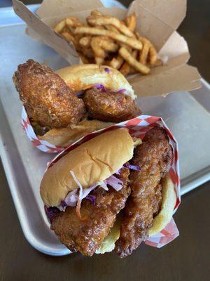 Honey butter and buffalo Chicken Tender Sandwich with Sir Chicken Spicy Fries