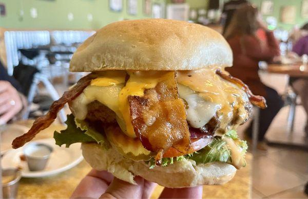 Triple cheese chipotle ranch bacon burger