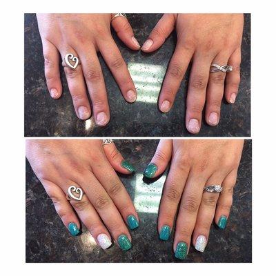 Customer came in with her nails non professionally removed (she did it herself - which we do not advise). We transformed them into that set.