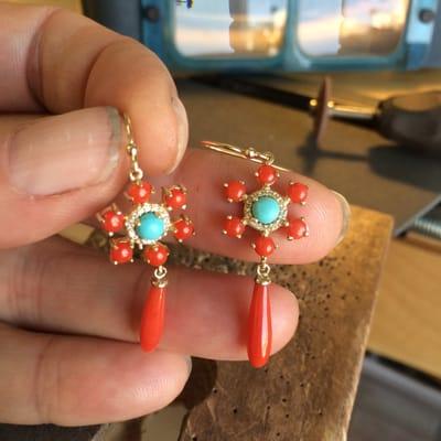 Turquoise, coral and diamond daisy earrings in 14K yellow gold.