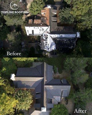 Take a look at this transformation! From old cedar shake roofing to an elegant synthetic slate with a staggered touch to it.