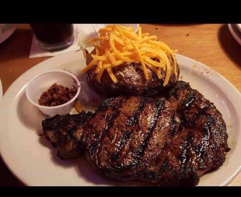 Thursday night $10 special until 8pm...either ribeye or sirloin with baked potato and a salad.