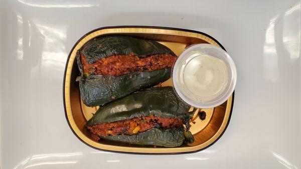 Vegan Southwest Stuffed Pablano Peppers with Cilantro Lime Crema