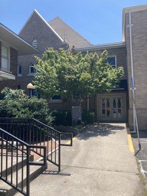 Side entrance with the ramp, handicap entrance. Elevator to sanctuary level is just inside and to the right.