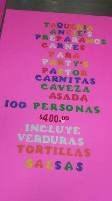 Taqueria angie's les ofrese taquisas para cualquier evento 4 tipos de carnes $400 para 100 personas