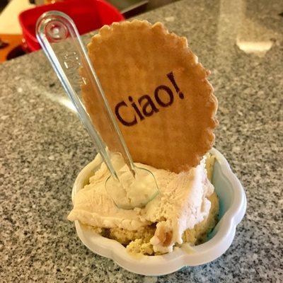 Small ($3.25) Pistachio & Peanut Butter Gelato. Napoleon's Crêperie & Gelato, Downtown Salem.