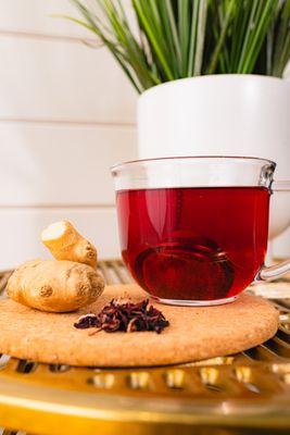 Hibiscus Ginger Tea
Freshly brewed ginger and hibiscus flowers simmered to perfection with just the right of sweet and bitter flavor notes