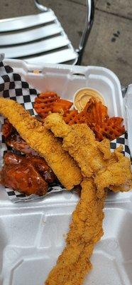 wings and fish with sweet potato fries