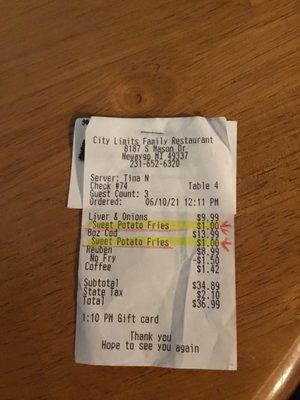 Photo shows up charge for sweet potato fries which mine seemed to indicate choice of potato included.