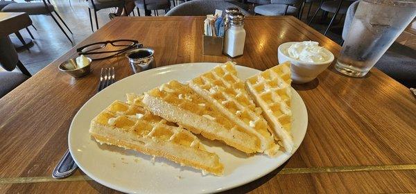 The waffle. It would be nice to have homemade whipped cream. Pale and undercooked.