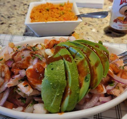 Shrimp ceviche and rice. Both savory!