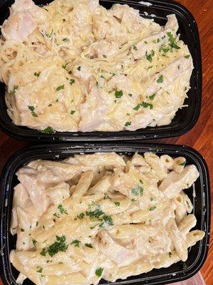 (Top) **wrong** build your own w/angel hair, Alfredo sauce and chicken (Bottom) Build your own w/Penne, Alfredo sauce and chicken