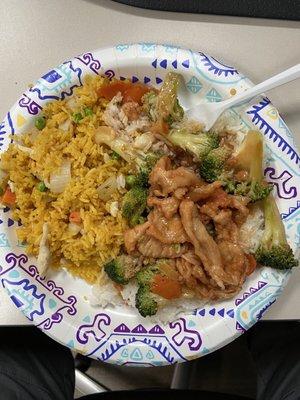 Chicken fried rice and chicken w broccoli