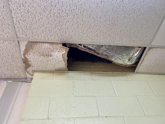 Broken ceiling tile due to leak, exposed insulation