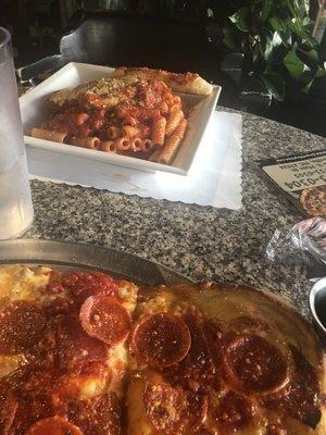 Grandma Pizza, eggplant parmigiana with rigatoni