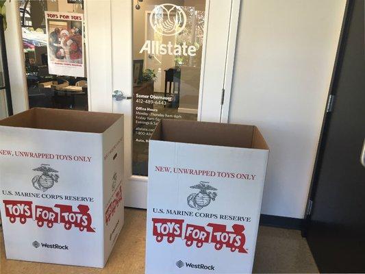 We're collecting gifts on behalf of Toys for Tots now until December 15.